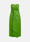 strapless green midi dress with large tie at the front