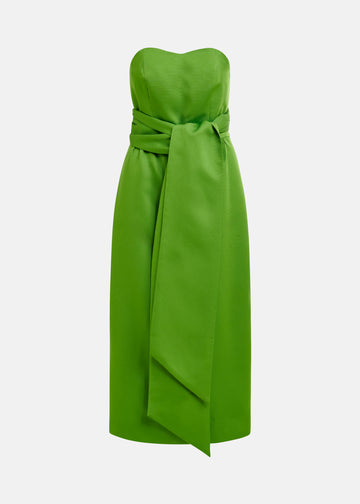 strapless green midi dress with large tie at the front