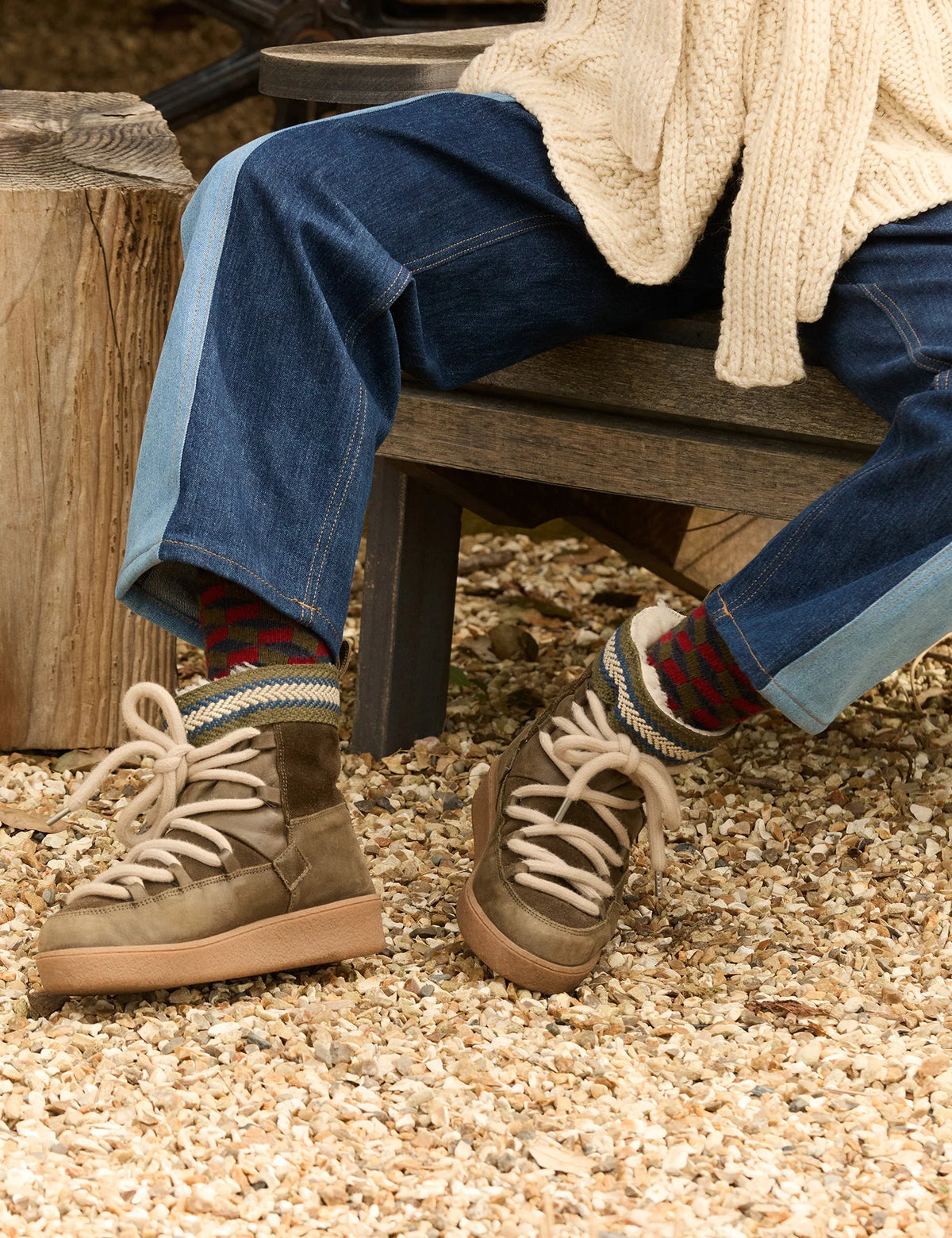 khaki green leather and suede boots worn with denim