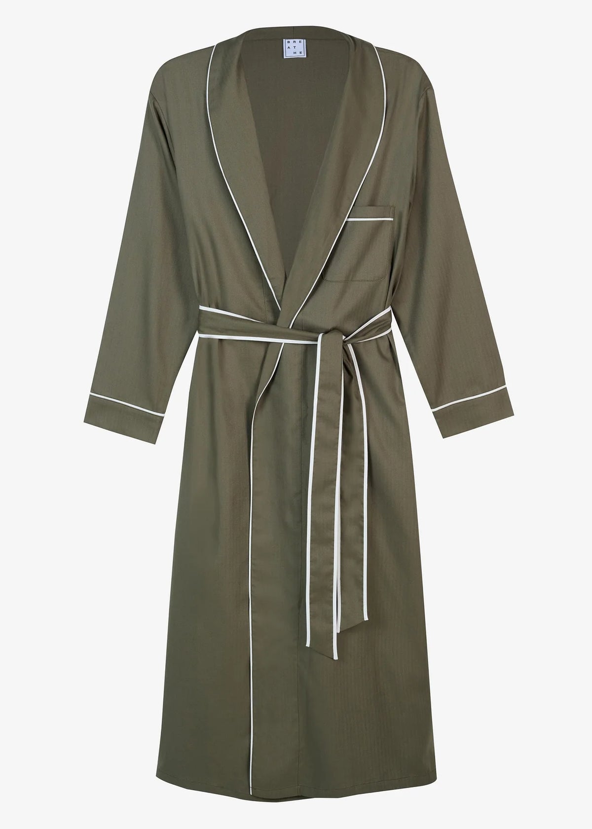 Khaki herringbone cotton robe with front pocket and self tie belt and contrast white trim