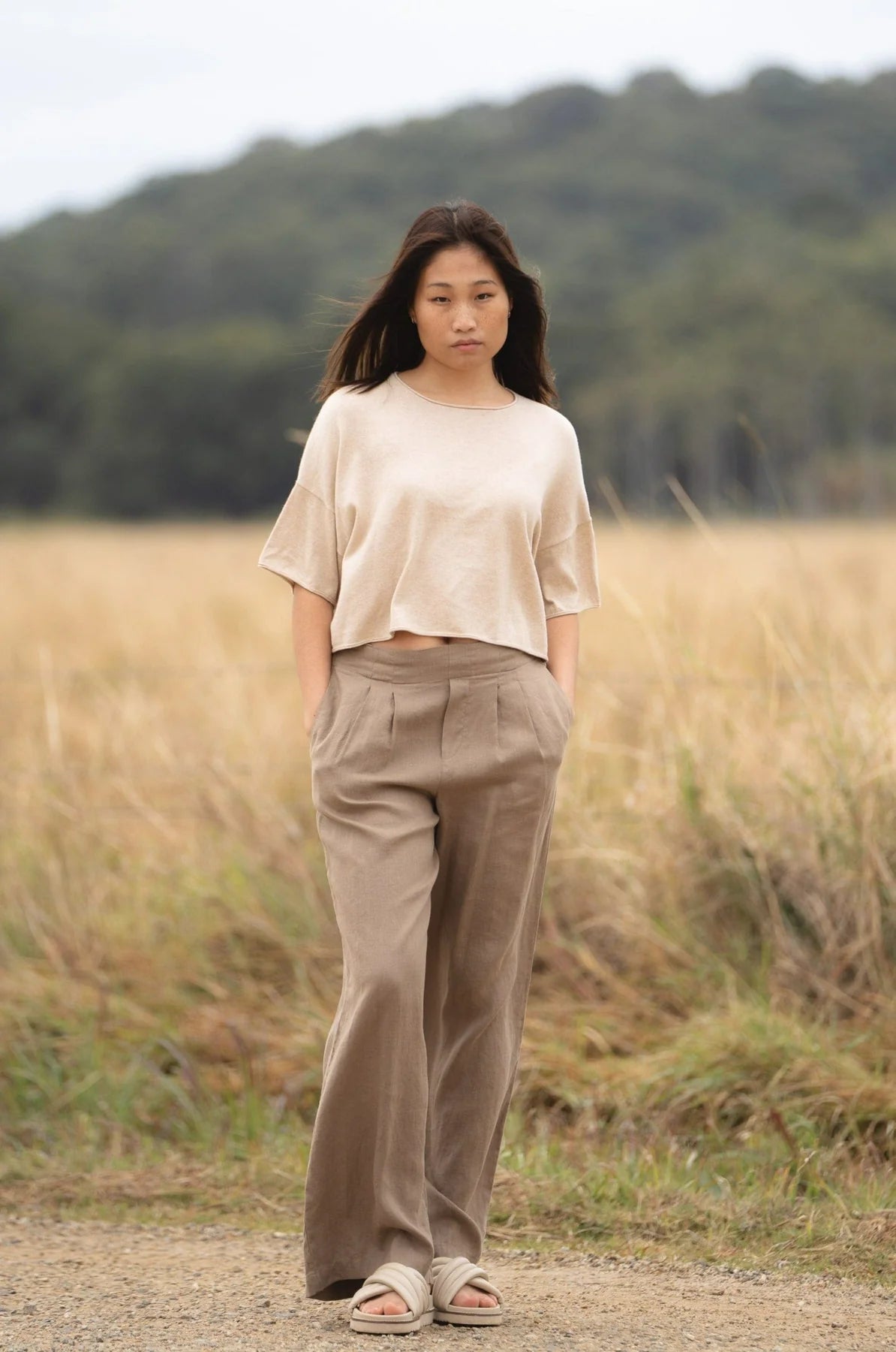 Cotton cashmere blend short sleeve knit in oatmeal
