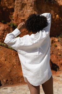 Over sized white linen shirt rear view