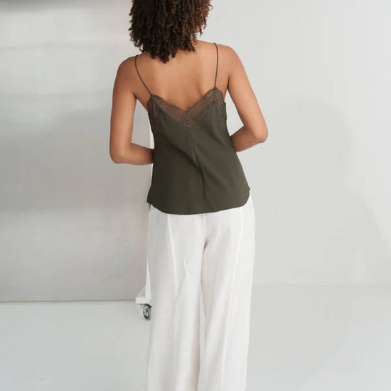 khaki green lace spaghetti strap lace silk cami rear view model shot