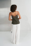 khaki green lace spaghetti strap lace silk cami rear view model shot