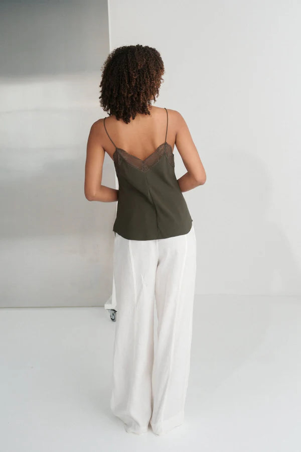 khaki green lace spaghetti strap lace silk cami rear view model shot