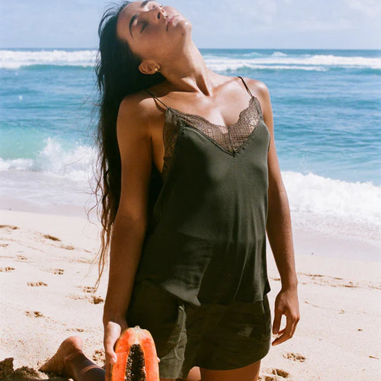 khaki green lace spaghetti strap lace silk cami model shot