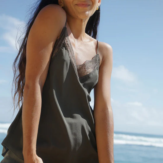 khaki green lace spaghetti strap lace silk cami model shot