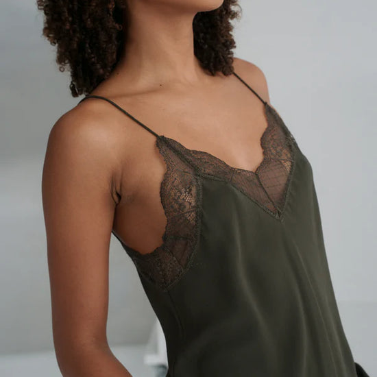 khaki green lace spaghetti strap lace silk cami