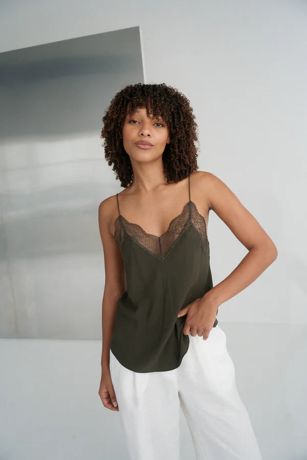 khaki green lace spaghetti strap lace silk cami