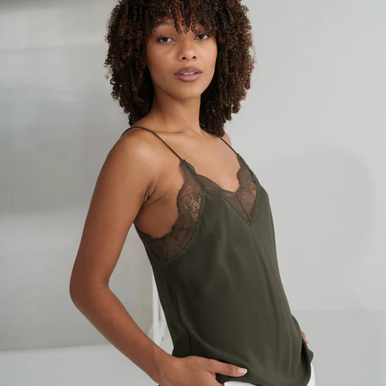 khaki green lace spaghetti strap lace silk cami model shot