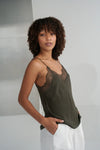 khaki green lace spaghetti strap lace silk cami model shot