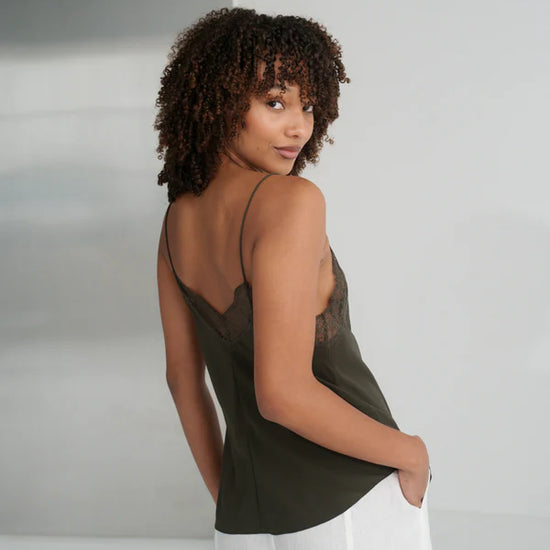 khaki green lace spaghetti strap lace silk cami rear view