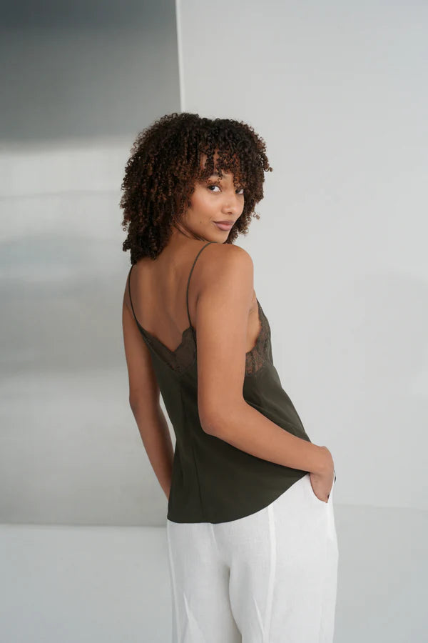 khaki green lace spaghetti strap lace silk cami rear view