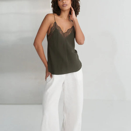 khaki green lace spaghetti strap lace silk cami model shot