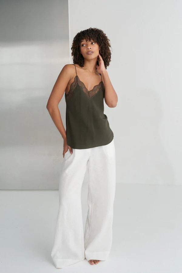 khaki green lace spaghetti strap lace silk cami model shot