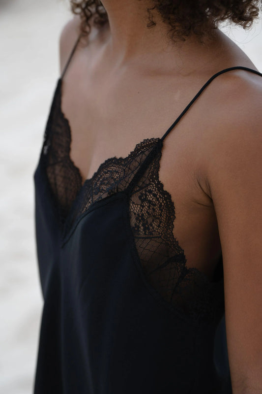 detail of lace and silk on camisole top