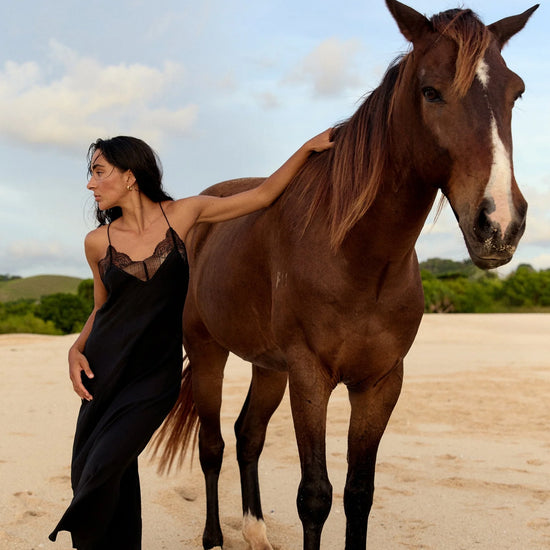 A woman in a flowing black dress stands barefoot on a sandy beach next to a brown horse, with her hand resting on the horse's neck. The background features a pale blue sky with light clouds and distant green hills.