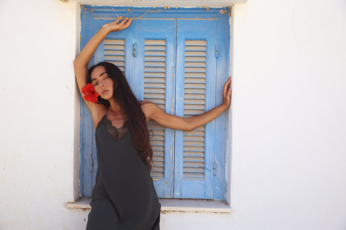 A woman with long dark hair poses in front of a white wall and a blue shuttered window, wearing a dark gray sleeveless slip dress and holding a red flower.