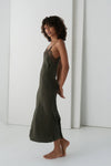 khaki silk mid length slip dress with spaghetti straps and lace detailing side view