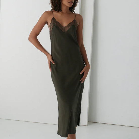 khaki silk mid length slip dress with spaghetti straps and lace detailing