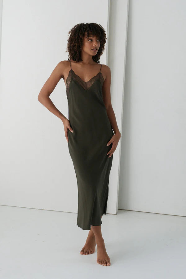 khaki silk mid length slip dress with spaghetti straps and lace detailing
