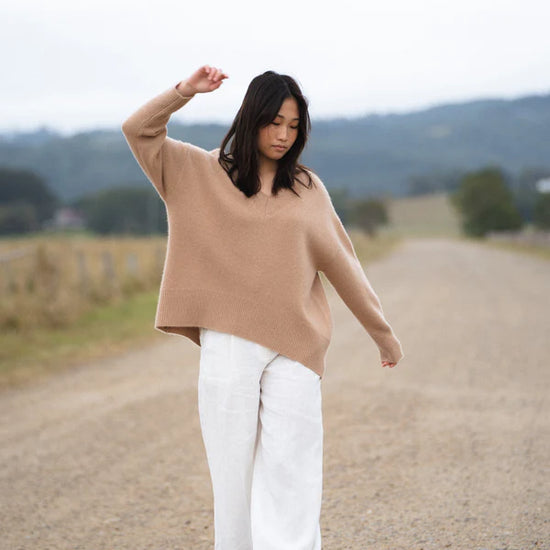 camel jumper with v neck and ribbed hem and cuffs 