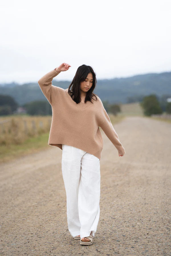 camel jumper with v neck and ribbed hem and cuffs 