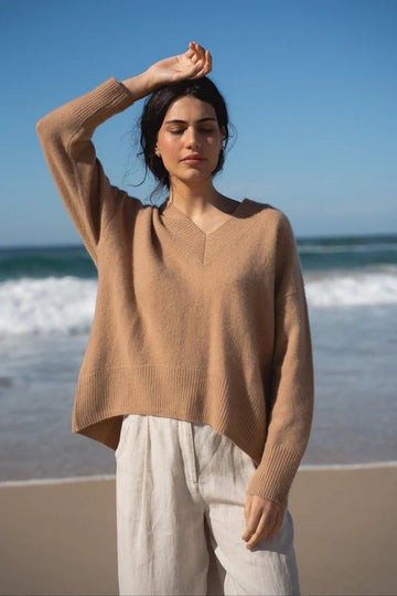 camel cashmere v neck jumper with ribbed neck, cuffs and hem