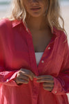 Over size hot pink linen shirt close up