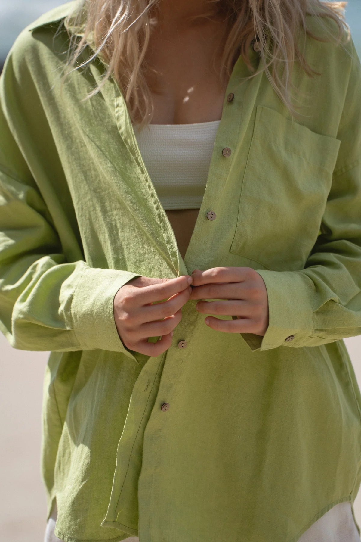 Lemongrass green linen shirt with long sleeves