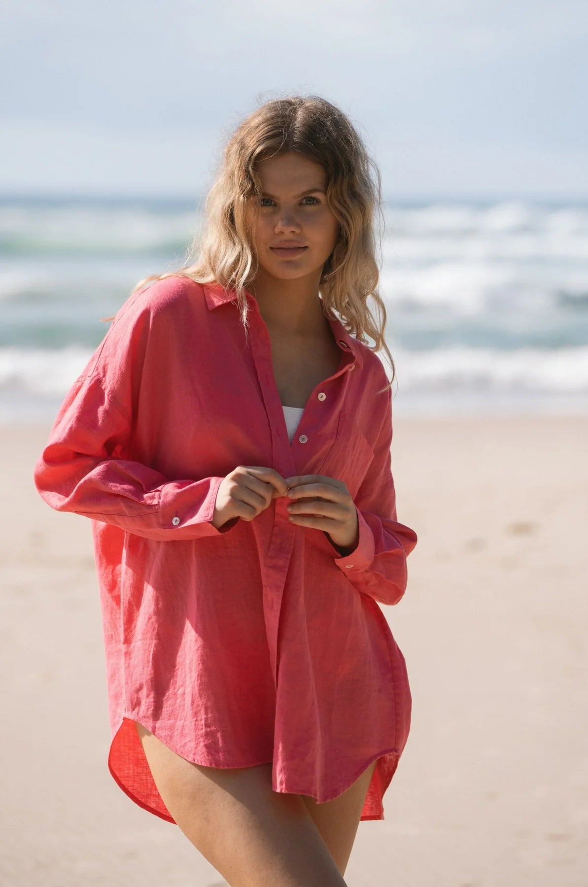 Over size hot pink linen shirt