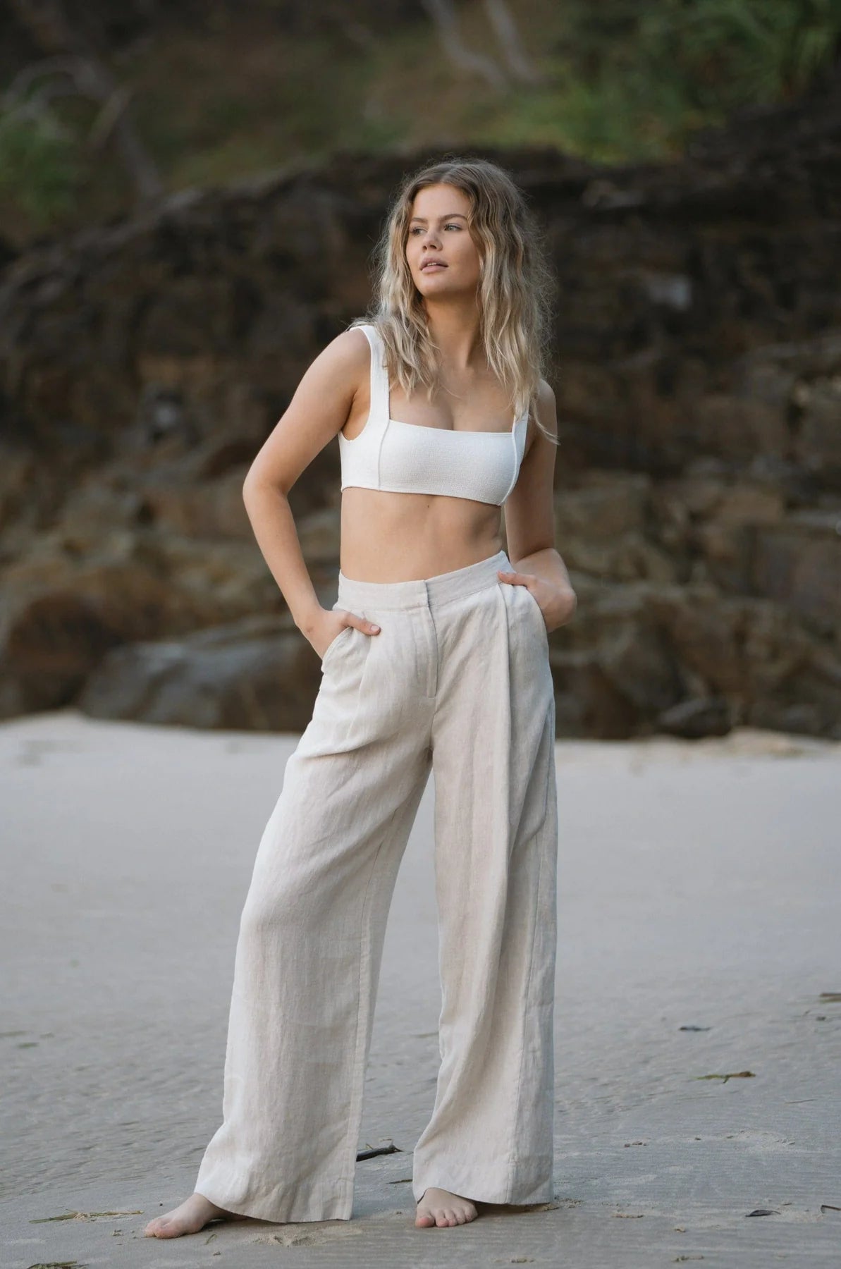 Wide leg organic linen trousers in a soft oatmeal colour
