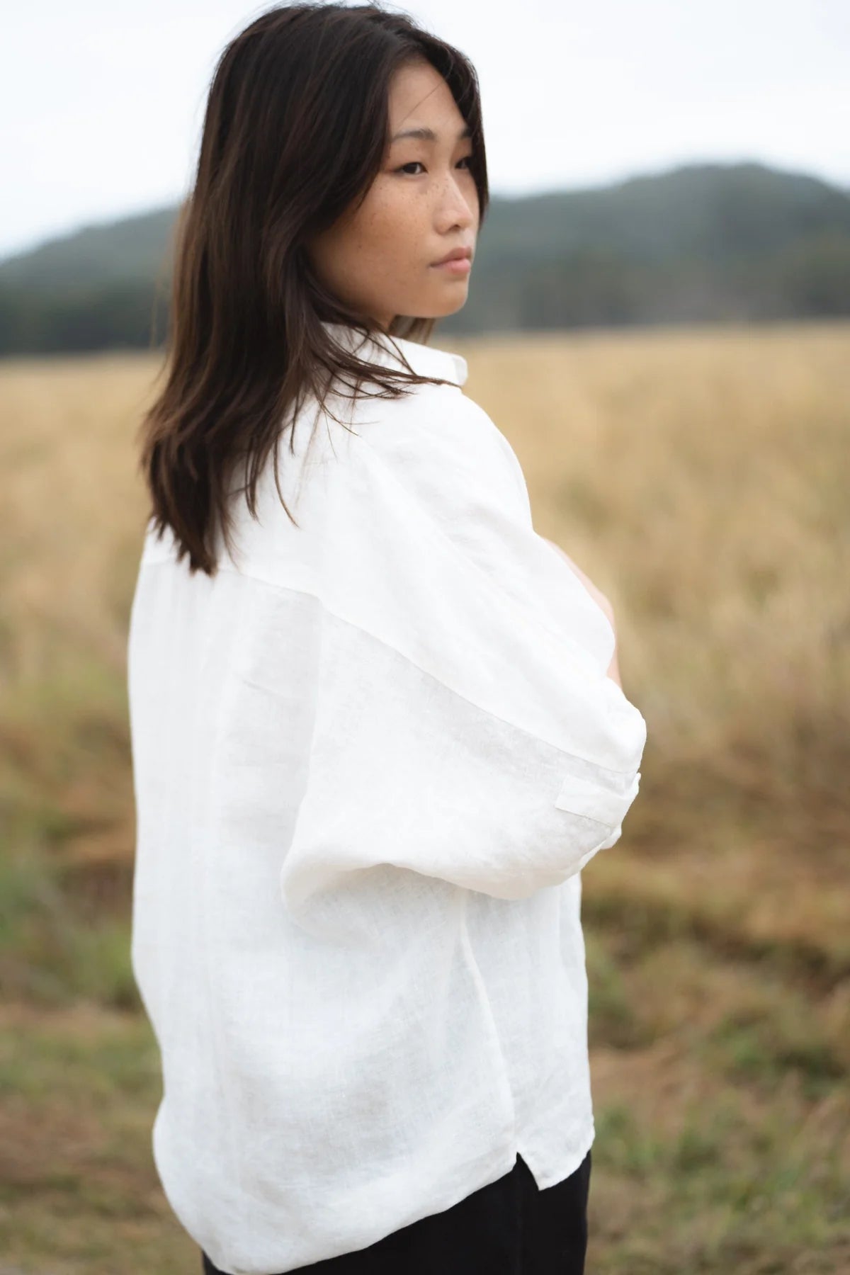 Over size white linen shirt with 3/4 length sleeves