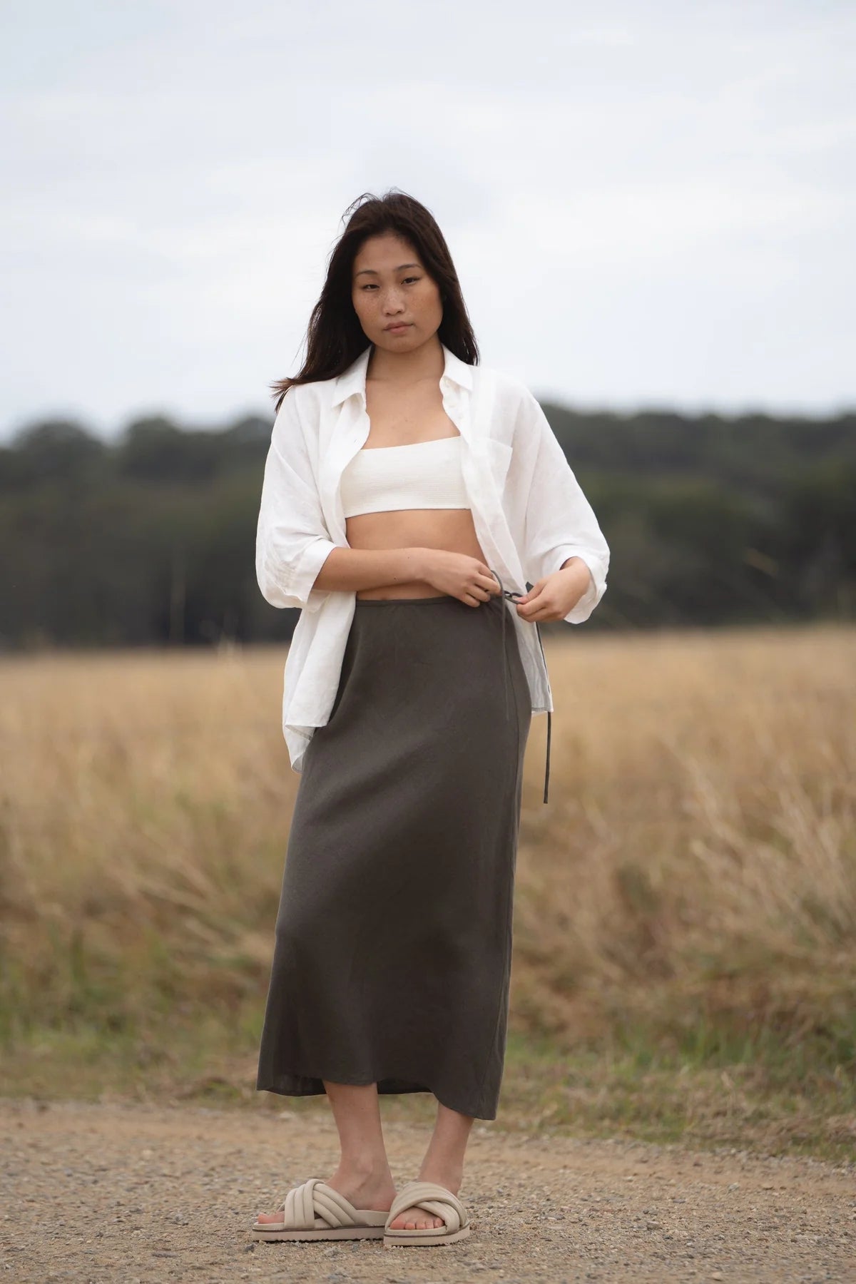 Deep Khaki bias cut linen skirt with an elasticated waist