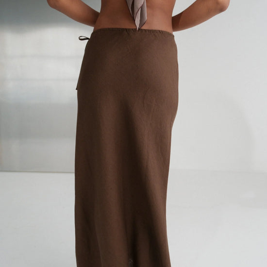 rear view of chocolate linen skirt