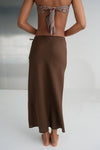rear view of chocolate linen skirt
