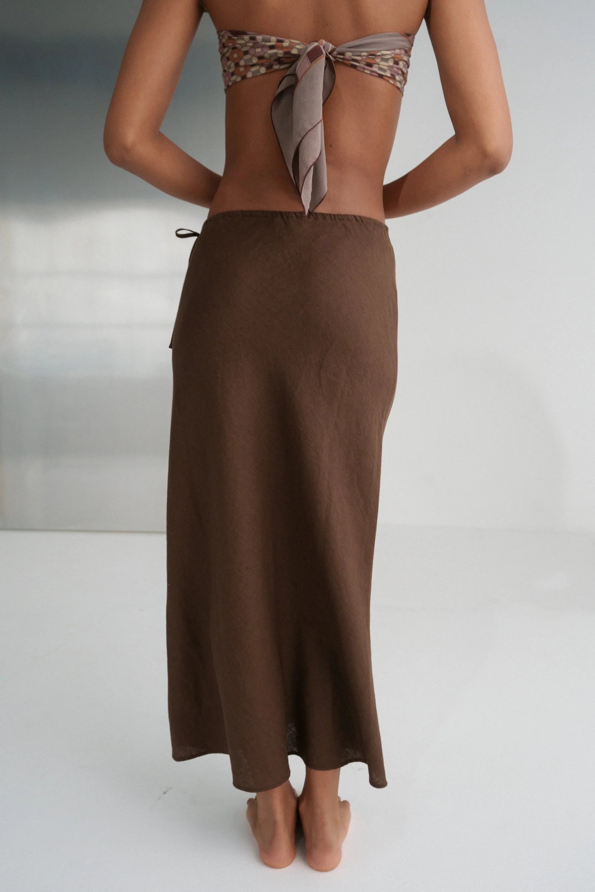 rear view of chocolate linen skirt