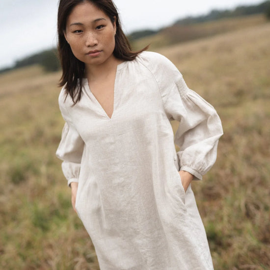 relaxed fit linen dress with removable self tie belt