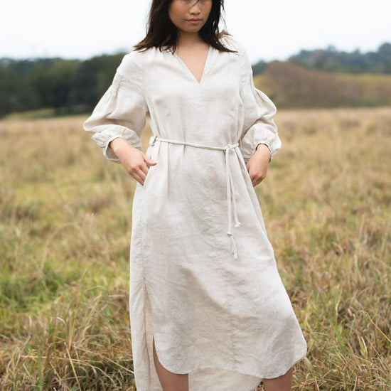 relaxed fit linen dress with removable self tie belt