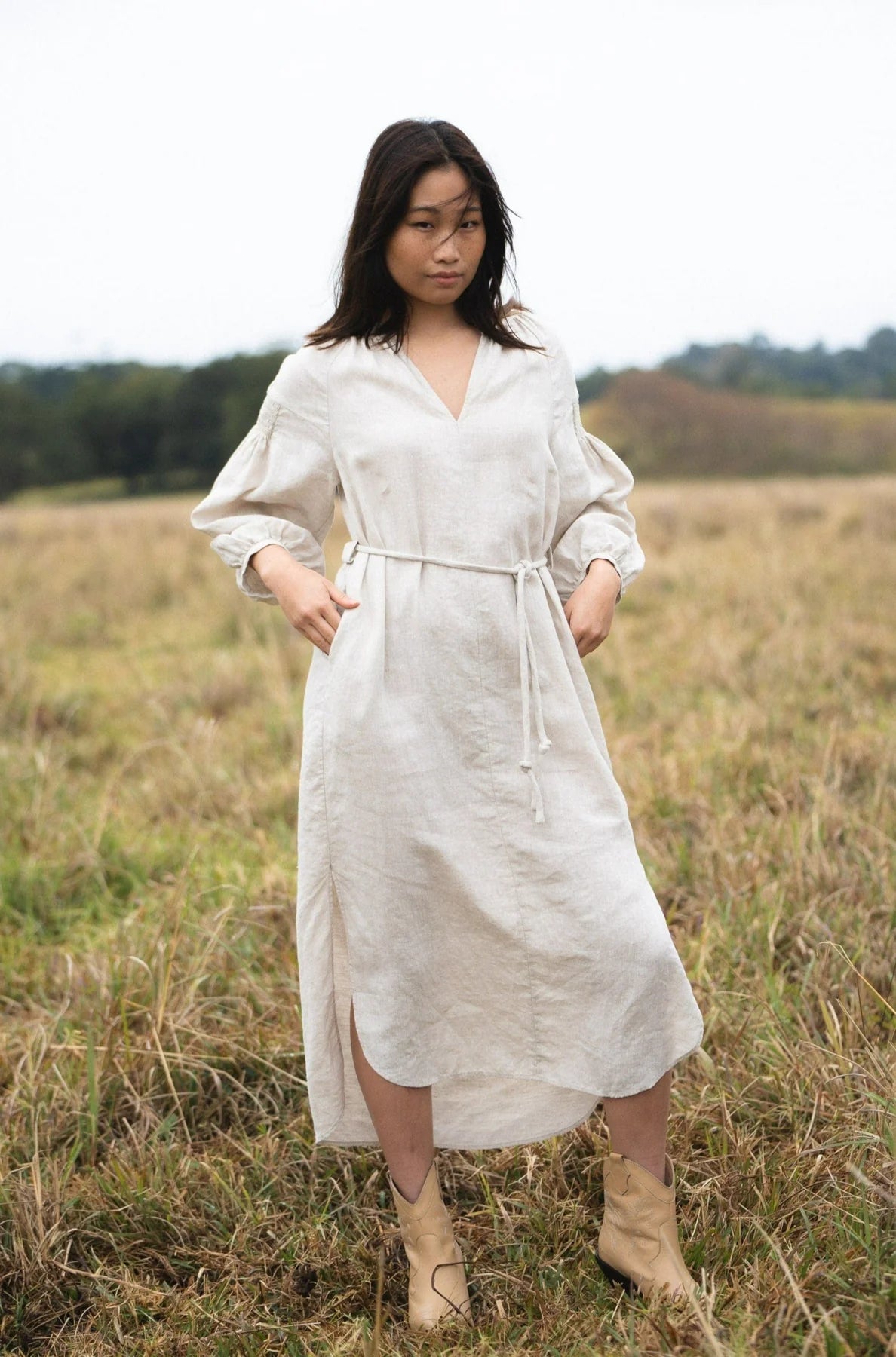 relaxed fit linen dress with removable self tie belt