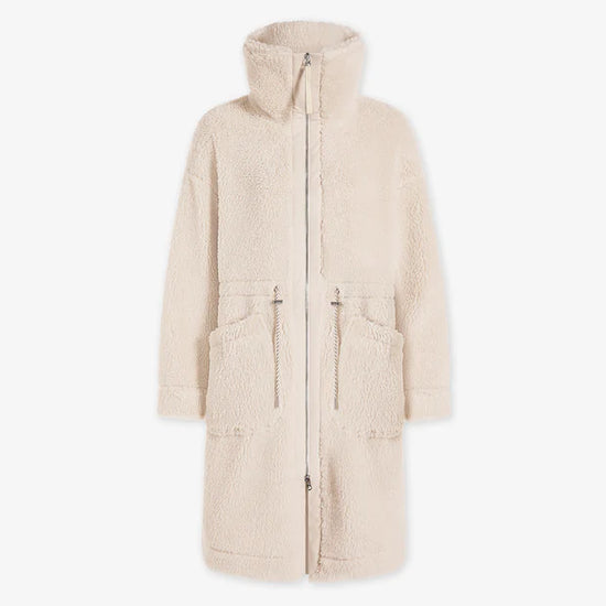 cream sherpa coat with high neck, 2 large patch pockets and drawstring waist