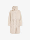 cream sherpa coat with high neck, 2 large patch pockets and drawstring waist