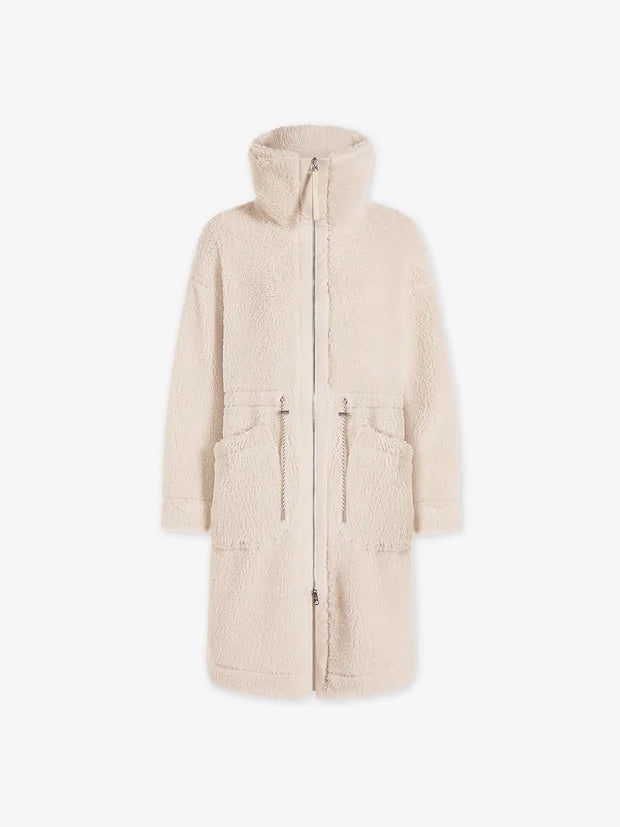 cream sherpa coat with high neck, 2 large patch pockets and drawstring waist