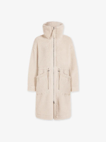 cream sherpa coat with high neck, 2 large patch pockets and drawstring waist