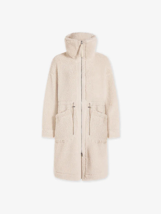 cream sherpa coat with high neck, 2 large patch pockets and drawstring waist