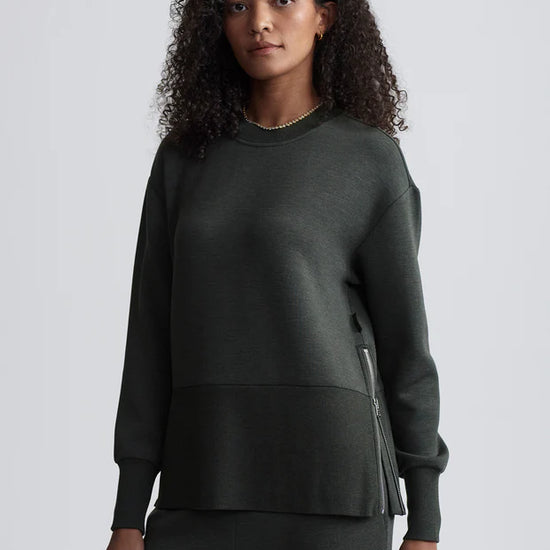 dark green sweater with round neck and zip detail