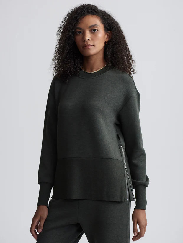 dark green sweater with round neck and zip detail