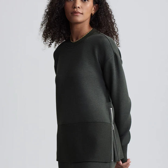 dark green sweater with round neck and zip detail side view 