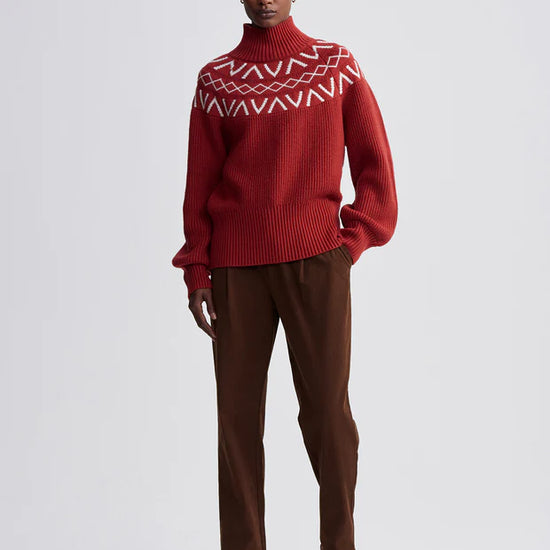 red fairisle jumper model shot