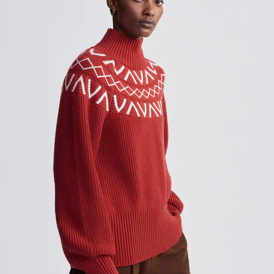 red fairisle jumper  side view 